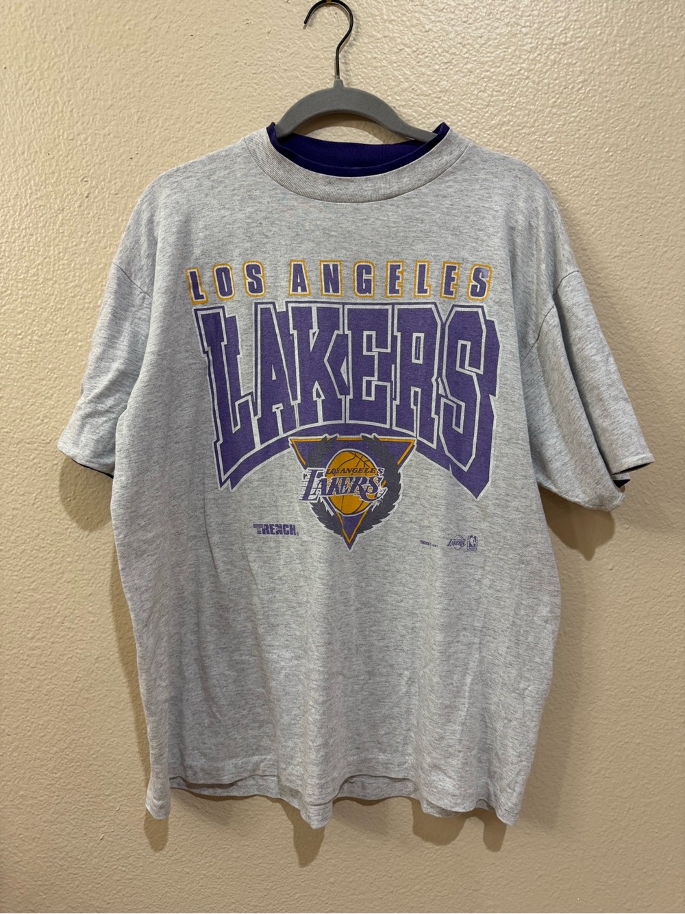 Vtg 90s LA Lakers Trench T-Shirt Grey Double Layer Collar XL